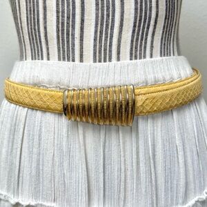 Vintage Butter Yellow Snakeskin Belt Gold Ribbed Buckle 80s Minimal Luxe